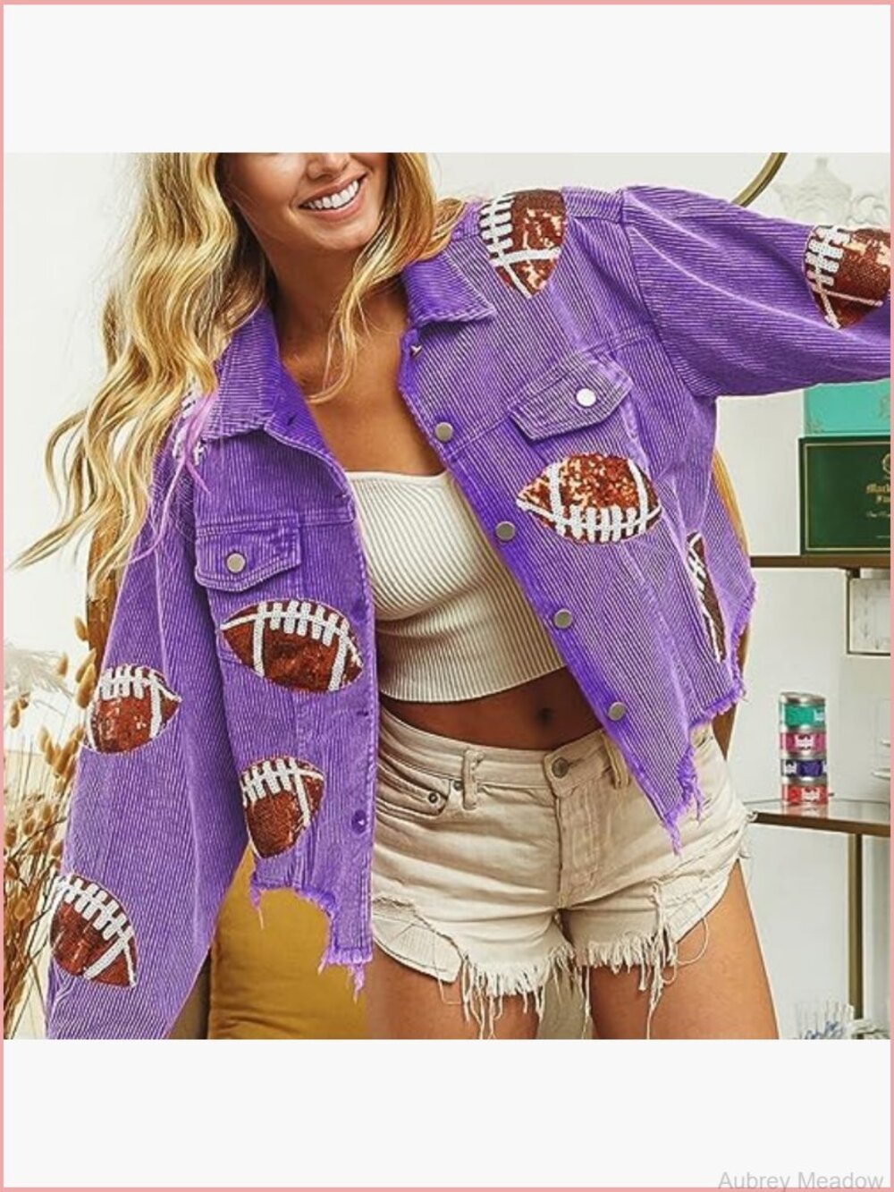Cropped Corduroy Jacket Sequin Patch Button Down Raw Hem Coat - Picture 4 of 7